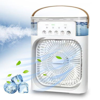 Ventilator Portabil 3în1 cu Umidificator pentru Birou – 3 Viteze, 5 Duze Spray, Lumină RGB, Temporizator, Aromaterapie