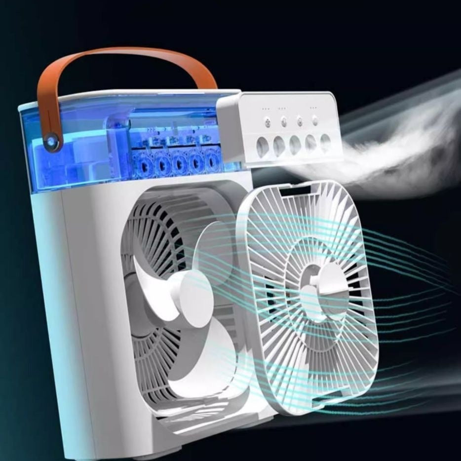 Ventilator Portabil 3în1 cu Umidificator pentru Birou – 3 Viteze, 5 Duze Spray, Lumină RGB, Temporizator, Aromaterapie