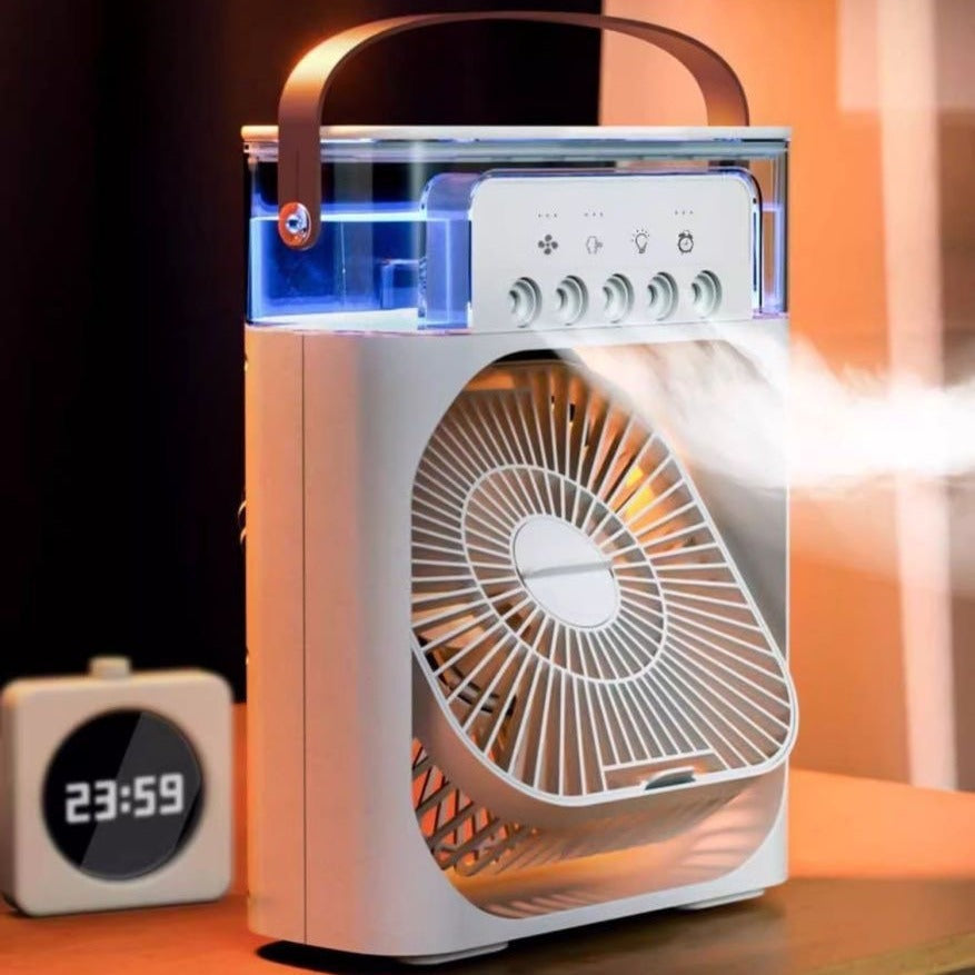Ventilator Portabil 3în1 cu Umidificator pentru Birou – 3 Viteze, 5 Duze Spray, Lumină RGB, Temporizator, Aromaterapie