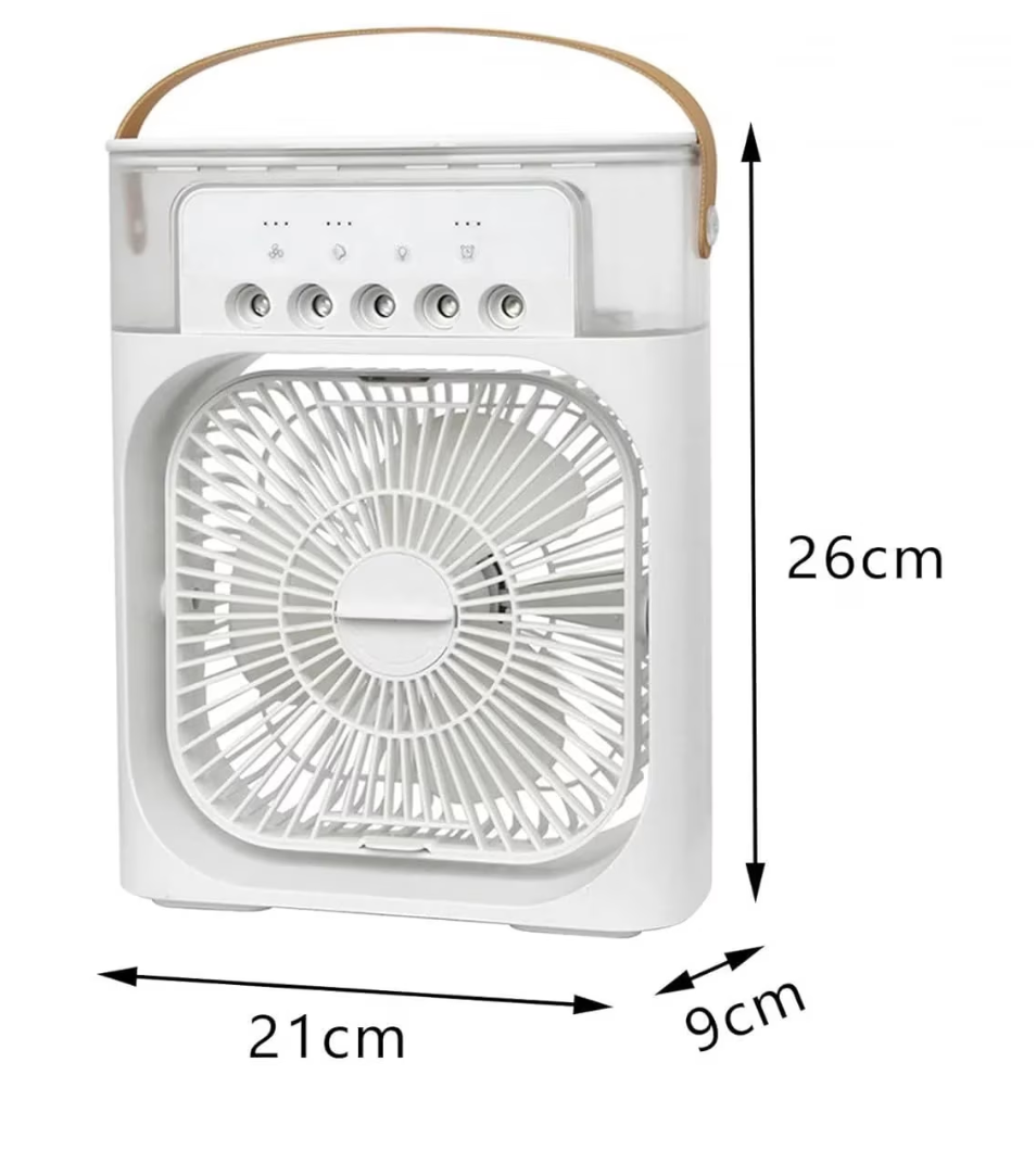 Ventilator Portabil 3în1 cu Umidificator pentru Birou – 3 Viteze, 5 Duze Spray, Lumină RGB, Temporizator, Aromaterapie