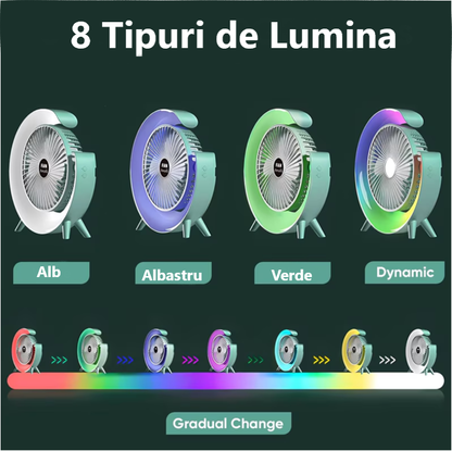 Ventilator Portabil pentru Birou – 3 Viteze, Acumulator 1800mAh, Iluminat RGB, Reglare unghi 180°, USB Reîncărcabil, Silențios și Compact