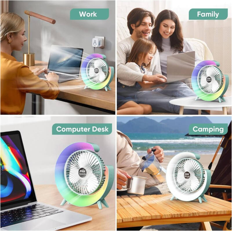 Ventilator Portabil pentru Birou – 3 Viteze, Acumulator 1800mAh, Iluminat RGB, Reglare unghi 180°, USB Reîncărcabil, Silențios și Compact