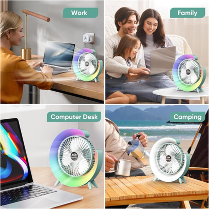 Ventilator Portabil pentru Birou – 3 Viteze, Acumulator 1800mAh, Iluminat RGB, Reglare unghi 180°, USB Reîncărcabil, Silențios și Compact