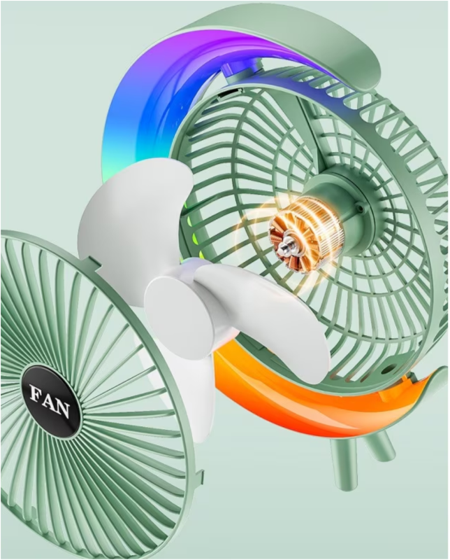 Ventilator Portabil pentru Birou – 3 Viteze, Acumulator 1800mAh, Iluminat RGB, Reglare unghi 180°, USB Reîncărcabil, Silențios și Compact