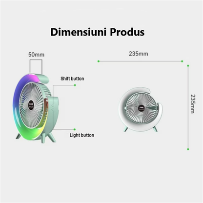 Ventilator Portabil pentru Birou – 3 Viteze, Acumulator 1800mAh, Iluminat RGB, Reglare unghi 180°, USB Reîncărcabil, Silențios și Compact