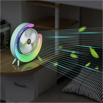 Ventilator Portabil pentru Birou – 3 Viteze, Acumulator 1800mAh, Iluminat RGB, Reglare unghi 180°, USB Reîncărcabil, Silențios și Compact