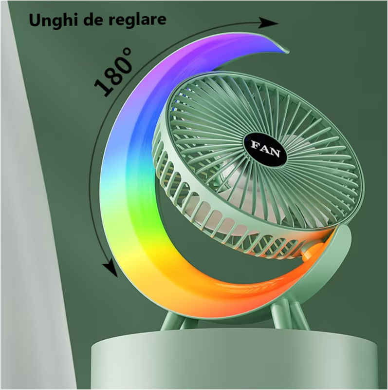 Ventilator Portabil pentru Birou – 3 Viteze, Acumulator 1800mAh, Iluminat RGB, Reglare unghi 180°, USB Reîncărcabil, Silențios și Compact