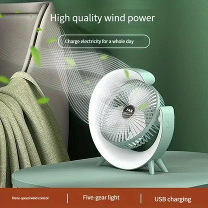 Ventilator Portabil pentru Birou – 3 Viteze, Acumulator 1800mAh, Iluminat RGB, Reglare unghi 180°, USB Reîncărcabil, Silențios și Compact