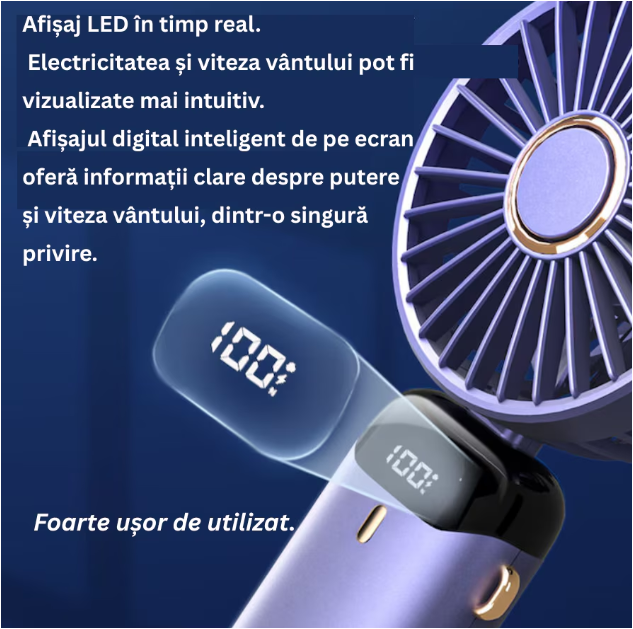 Ventilator Ultra Portabil, 3 in 1, Orientare ajustabila, 5 Trepte de Viteza, acumulator, de Mana, Birou, Pliabil, Ecran LCD, Albastru